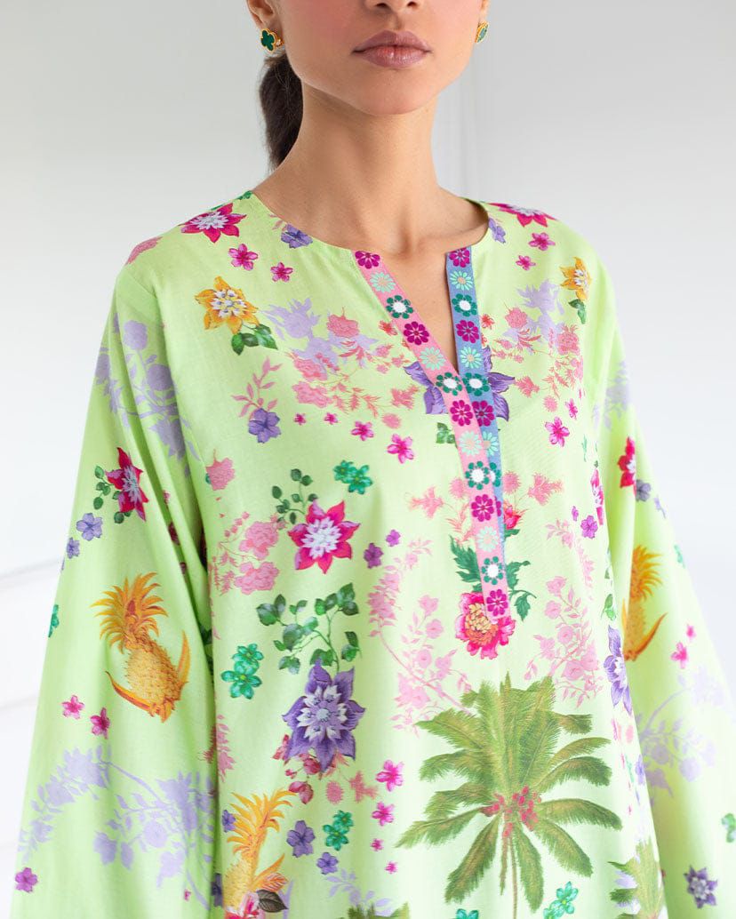 Vibrant Floral Print Lawn Kurta - Lime Green