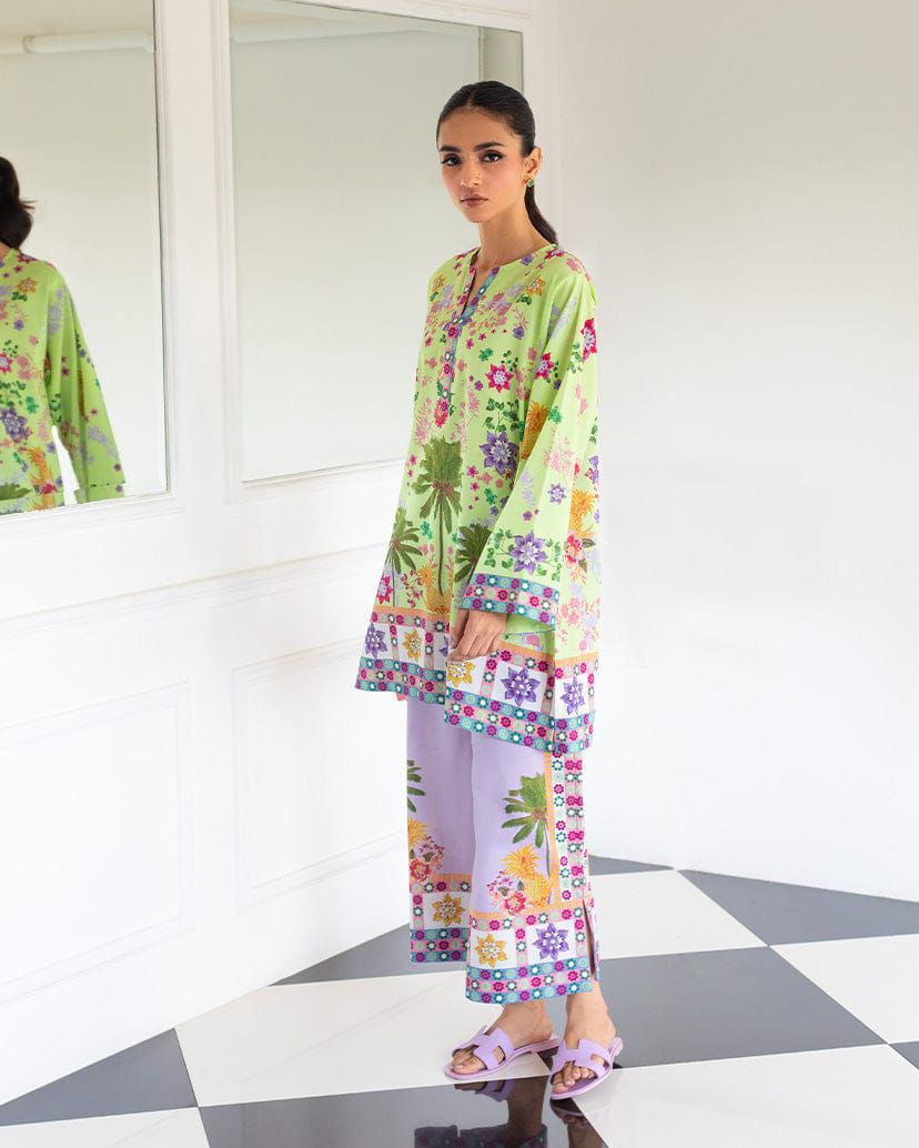 Vibrant Floral Print Lawn Kurta - Lime Green