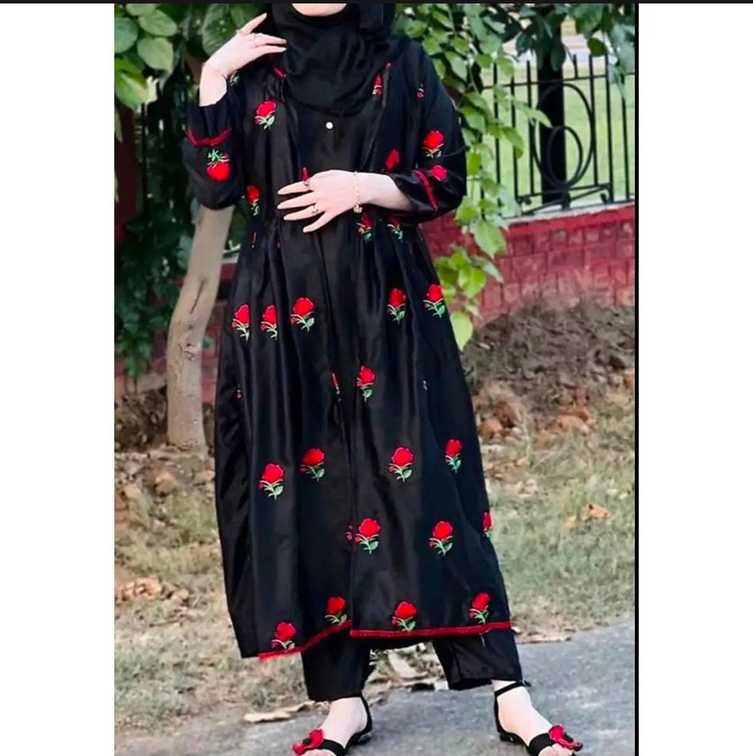 Rose 🌹Embroidered With Lace Work Long Gown With Inner Trouser 3Pcs