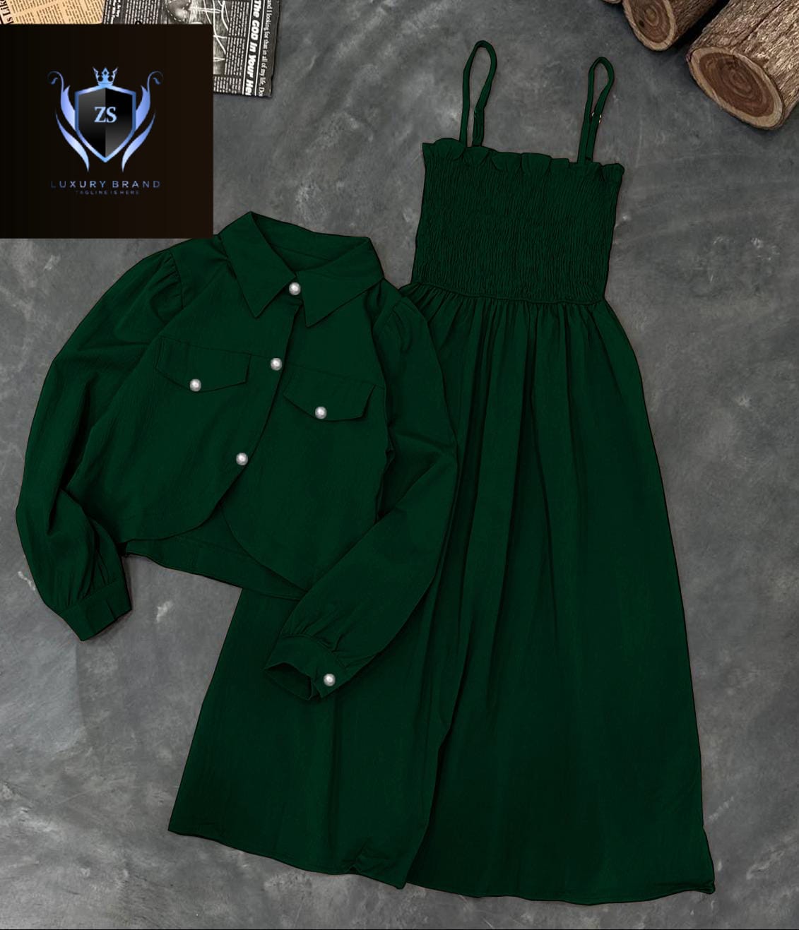 Kaaj Button Coati With Gazzer Romper Frock 2Pcs