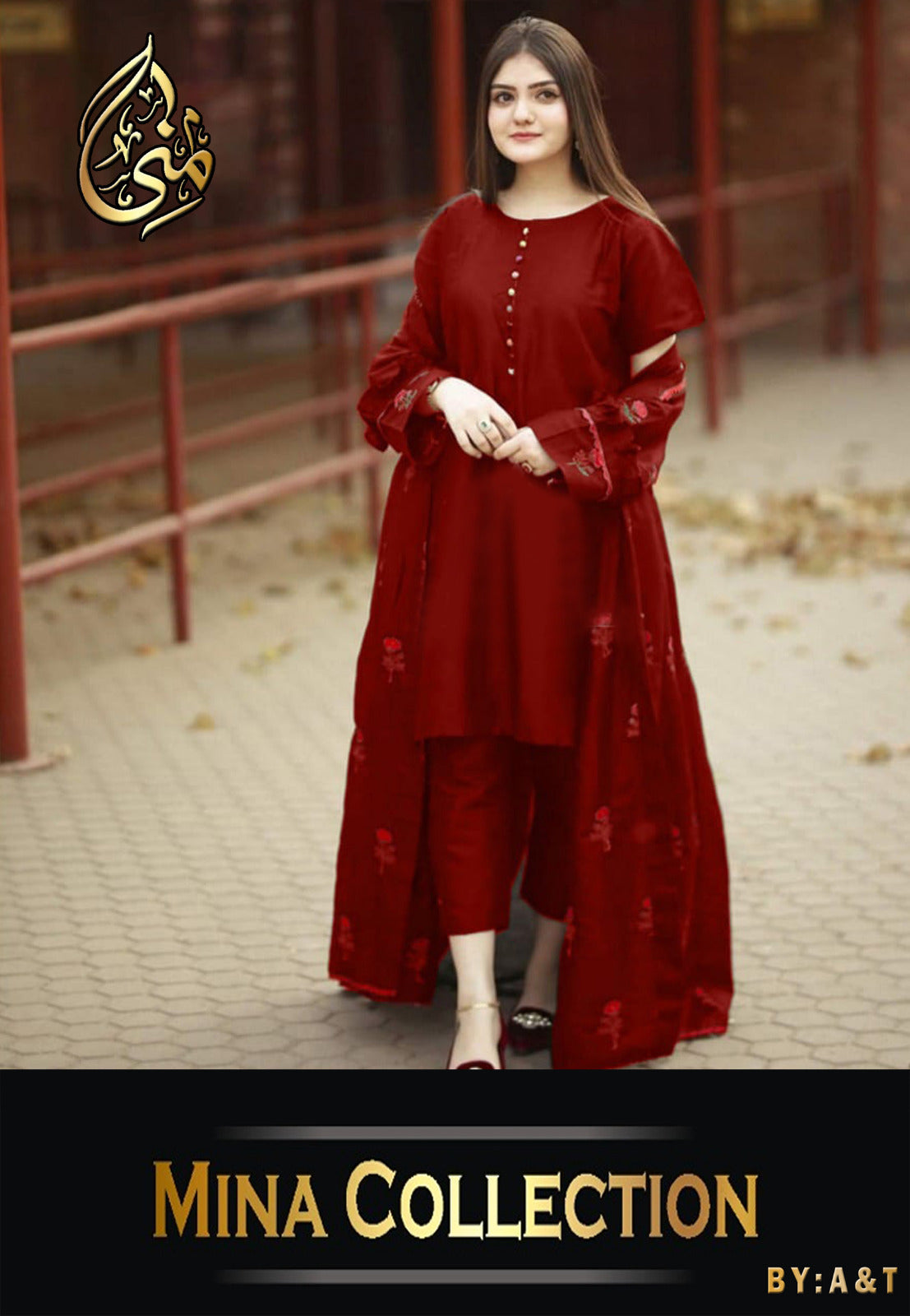 Rose 🌹Embroidered With Lace Work Long Gown With Inner Trouser 3Pcs