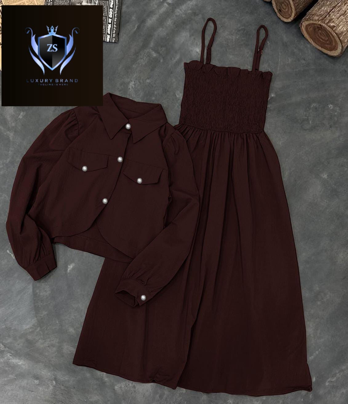 Kaaj Button Coati With Gazzer Romper Frock 2Pcs